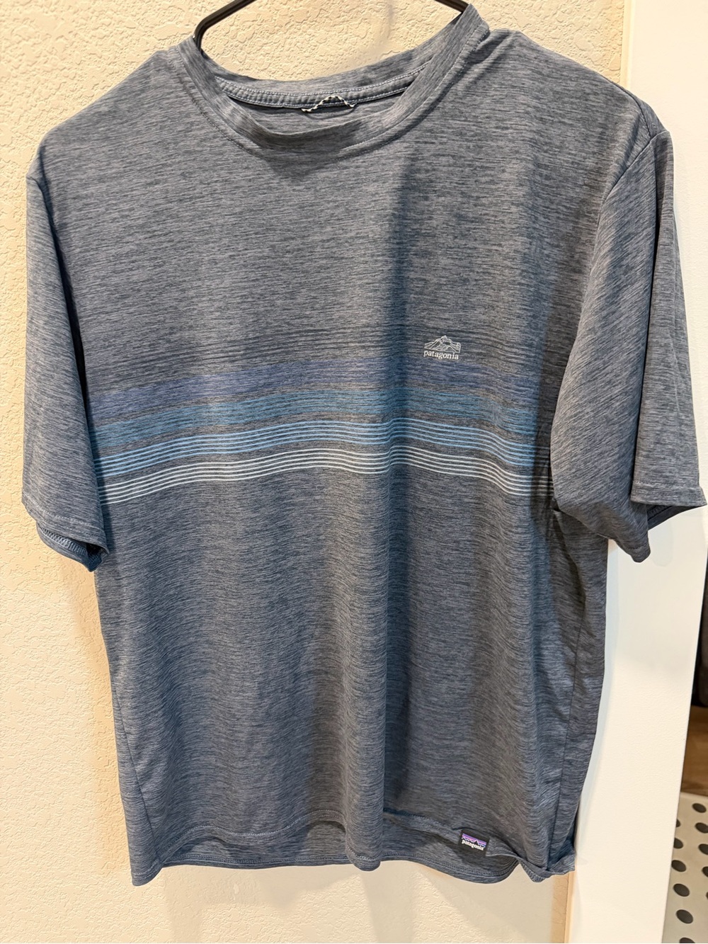 Patagonia Gray Heather Short Sleeve Tee with Blue Stripe
